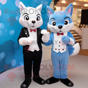 Sky Blue Fox mascot costume character dressed with a Tuxedo and Smartwatches