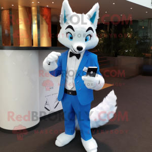 Sky Blue Fox mascot costume character dressed with a Tuxedo and Smartwatches