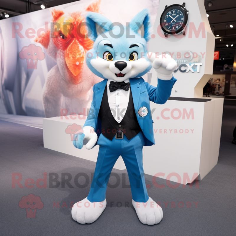 Sky Blue Fox mascot costume character dressed with a Tuxedo and Smartwatches