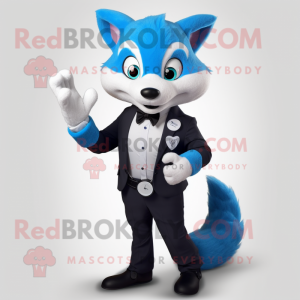 Sky Blue Fox mascot costume character dressed with a Tuxedo and Smartwatches