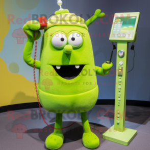Lime Green Phone mascot costume character dressed with a Trousers and Brooches