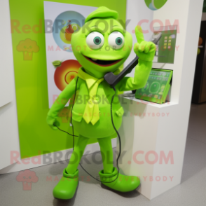 Lime Green Phone mascot costume character dressed with a Trousers and Brooches