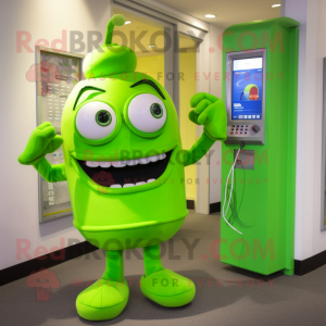 Lime Green Phone mascot costume character dressed with a Trousers and Brooches