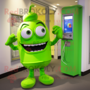 Lime Green Phone mascot costume character dressed with a Trousers and Brooches