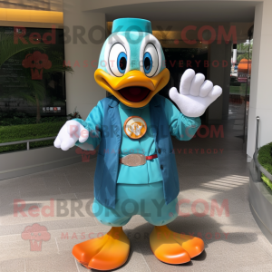 Teal Mandarin mascot costume character dressed with a Chinos and Rings