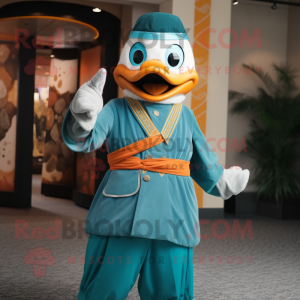 Teal Mandarin mascot costume character dressed with a Chinos and Rings