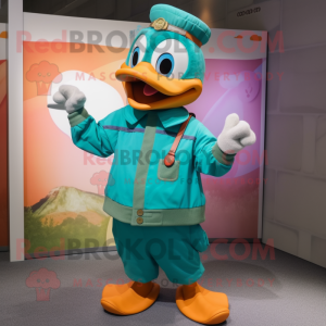 Teal Mandarin mascot costume character dressed with a Chinos and Rings