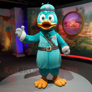 Teal Mandarin mascot costume character dressed with a Chinos and Rings