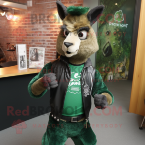 Forest Green Llama mascot costume character dressed with a Leather Jacket and Bow ties