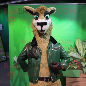 Forest Green Llama mascot costume character dressed with a Leather Jacket and Bow ties