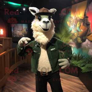 Forest Green Llama mascot costume character dressed with a Leather Jacket and Bow ties