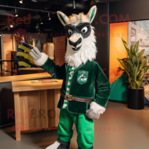 Forest Green Llama mascot costume character dressed with a Leather Jacket and Bow ties