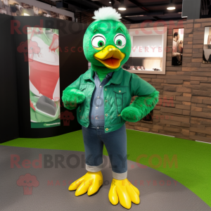 Forest Green Hens mascot costume character dressed with a Jeans and Wraps