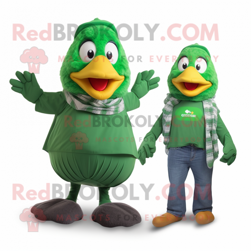 Forest Green Hens mascot costume character dressed with a Jeans and Wraps