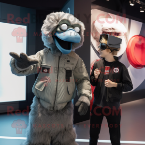 Gray Emu mascot costume character dressed with a Bomber Jacket and Watches