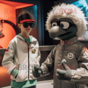 Gray Emu mascot costume character dressed with a Bomber Jacket and Watches