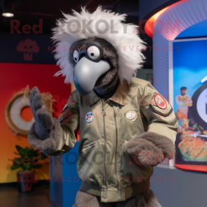 Gray Emu mascot costume character dressed with a Bomber Jacket and Watches
