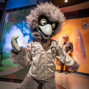 Gray Emu mascot costume character dressed with a Bomber Jacket and Watches
