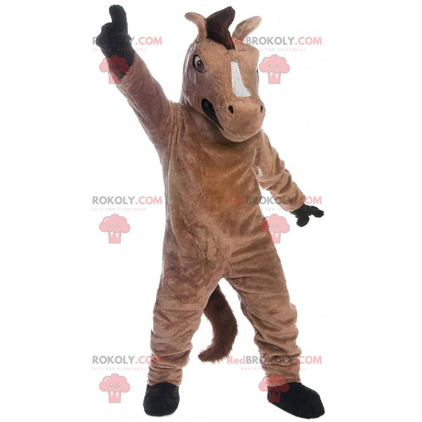 Mascota del caballo marrón, disfraz de mustang gigante realista