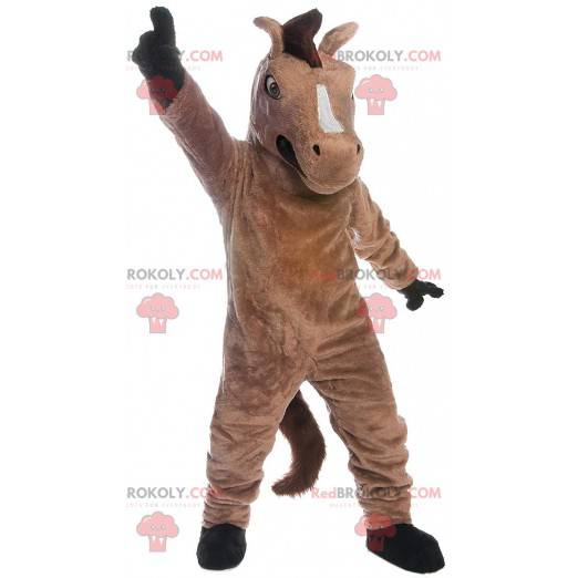 Mascote de cavalo marrom, traje realista de mustang gigante -