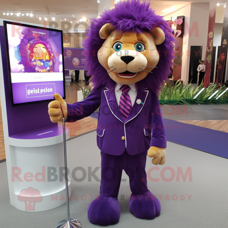 Purple Lion mascot costume character dressed with a Maxi Dress and Bow ties