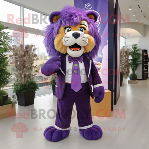 Purple Lion mascot costume character dressed with a Maxi Dress and Bow ties