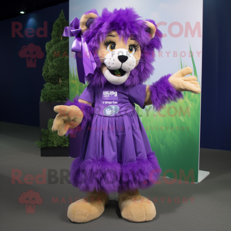 Purple Lion mascot costume character dressed with a Maxi Dress and Bow ties