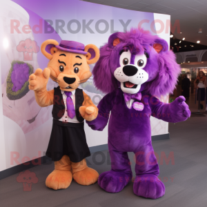 Purple Lion mascot costume character dressed with a Maxi Dress and Bow ties