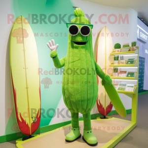 Lime Green Asparagus mascot costume character dressed with a Board Shorts and Sunglasses