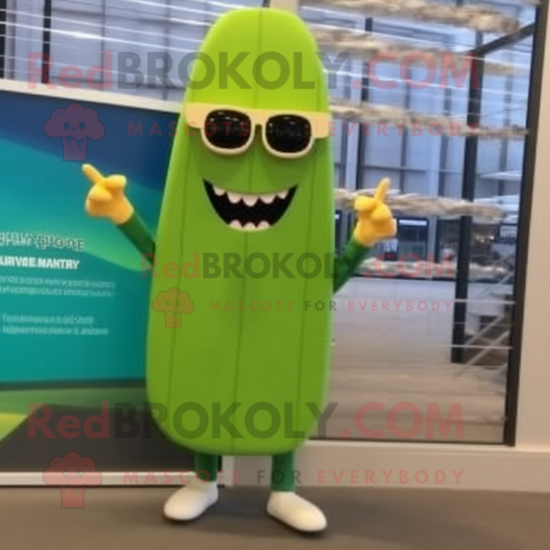 Lime Green Asparagus mascot costume character dressed with a Board Shorts and Sunglasses