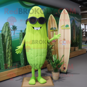 Lime Green Asparagus mascot costume character dressed with a Board Shorts and Sunglasses