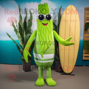 Lime Green Asparagus mascot costume character dressed with a Board Shorts and Sunglasses