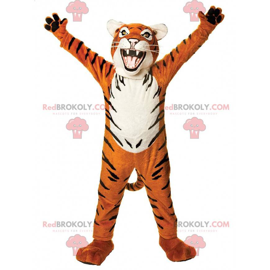 Mascota de tigre naranja, blanco y negro que parece feroz -