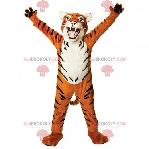 Oranje, witte en zwarte tijger mascotte ziet er woest uit -