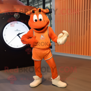 Orange Lobster Bisque mascot costume character dressed with a Joggers and Watches