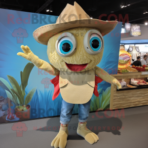 Tan Fish Tacos mascot costume character dressed with a Denim Shorts and Clutch bags