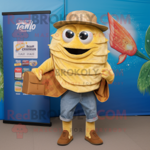 Tan Fish Tacos mascot costume character dressed with a Denim Shorts and Clutch bags