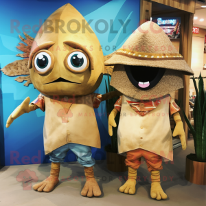 Tan Fish Tacos mascot costume character dressed with a Denim Shorts and Clutch bags