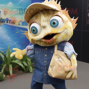 Tan Fish Tacos mascot costume character dressed with a Denim Shorts and Clutch bags