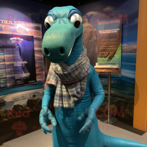 Silver Loch Ness Monster mascot costume character dressed with a Graphic Tee and Scarves