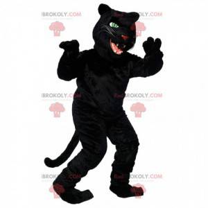 Czarna pantera maskotka z dużymi kłami, kostium kota -