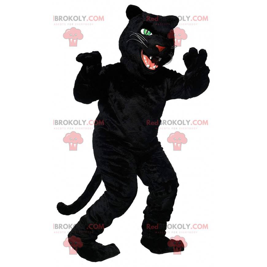 Black panther mascot with large fangs, feline costume -