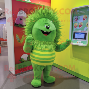 Lime Green Porcupine mascot costume character dressed with a Dress and Beanies