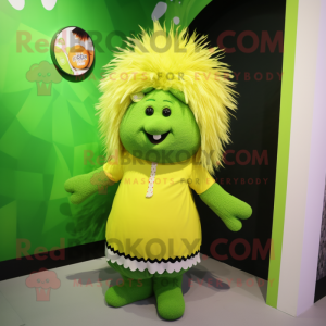 Lime Green Porcupine mascot costume character dressed with a Dress and Beanies