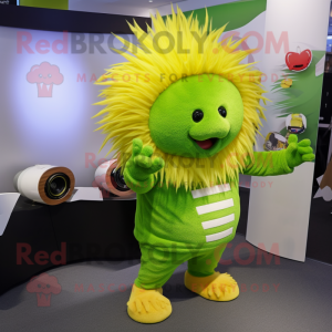 Lime Green Porcupine mascot costume character dressed with a Dress and Beanies