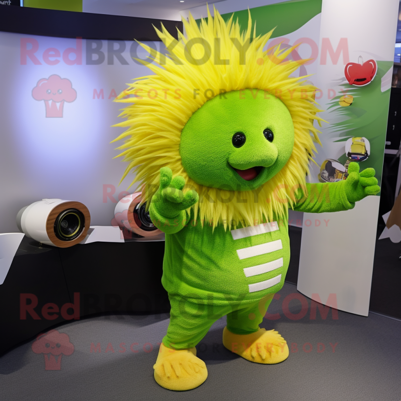 Lime Green Porcupine mascot costume character dressed with a Dress and Beanies Lime Green Porcupine mascot costume character dressed with a Dress and Beanies