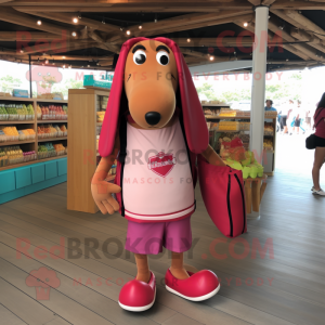 Magenta Hot Dog mascot costume character dressed with a Cargo Shorts and Tote bags