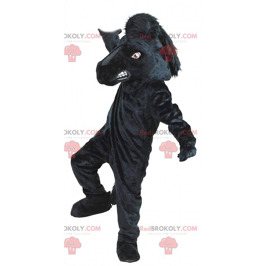 Gigantyczny czarny koń maskotka, kostium ośrodka jeździeckiego