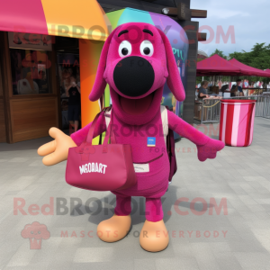 Magenta Hot Dog mascot costume character dressed with a Cargo Shorts and Tote bags