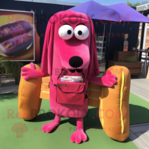 Magenta Hot Dog mascot costume character dressed with a Cargo Shorts and Tote bags
